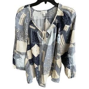 WONDERLY blue patchwork pattern smocking dolman sleeve boho NWOT plus sz 1x